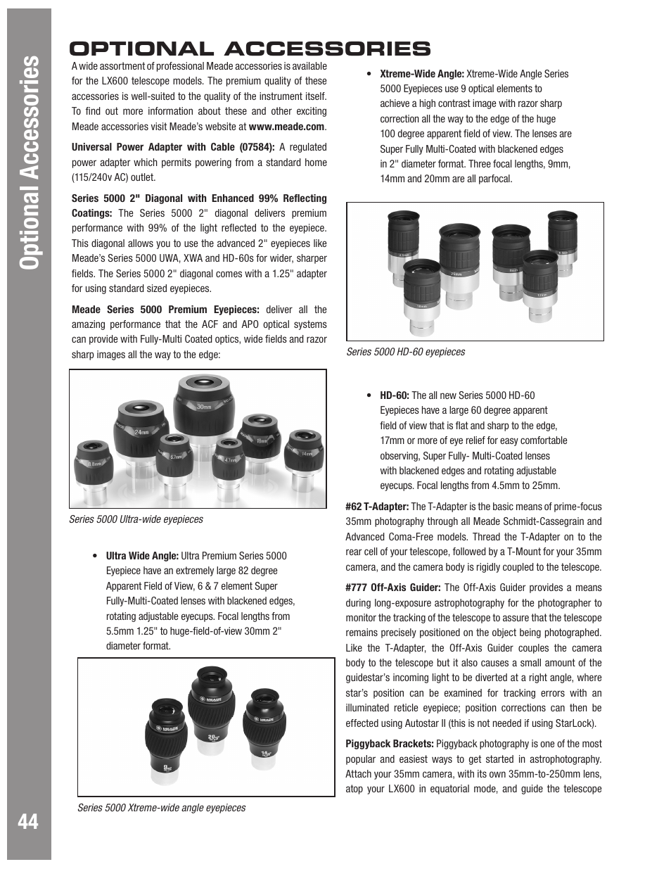 Autostar #497 handbox optional accessories, Optional accessories | Meade Instruments LX600 User Manual | Page 44 / 72