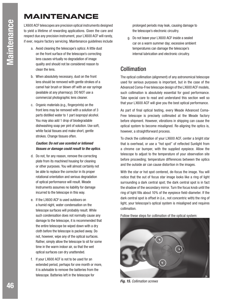 Autostar #497 handbox maintenance, Maintenance, Collimation | Meade Instruments LX600 User Manual | Page 46 / 72