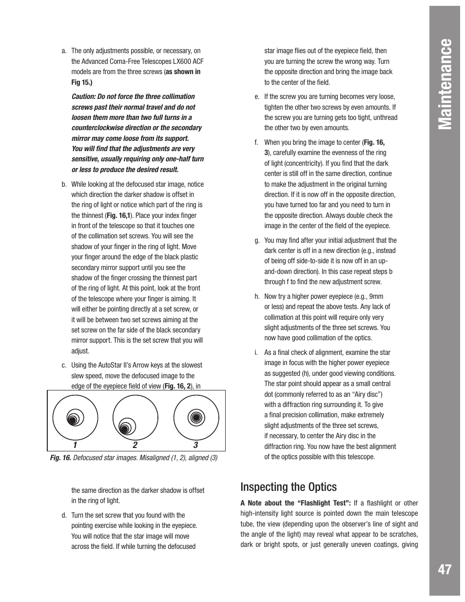 Maintenance, Inspecting the optics | Meade Instruments LX600 User Manual | Page 47 / 72