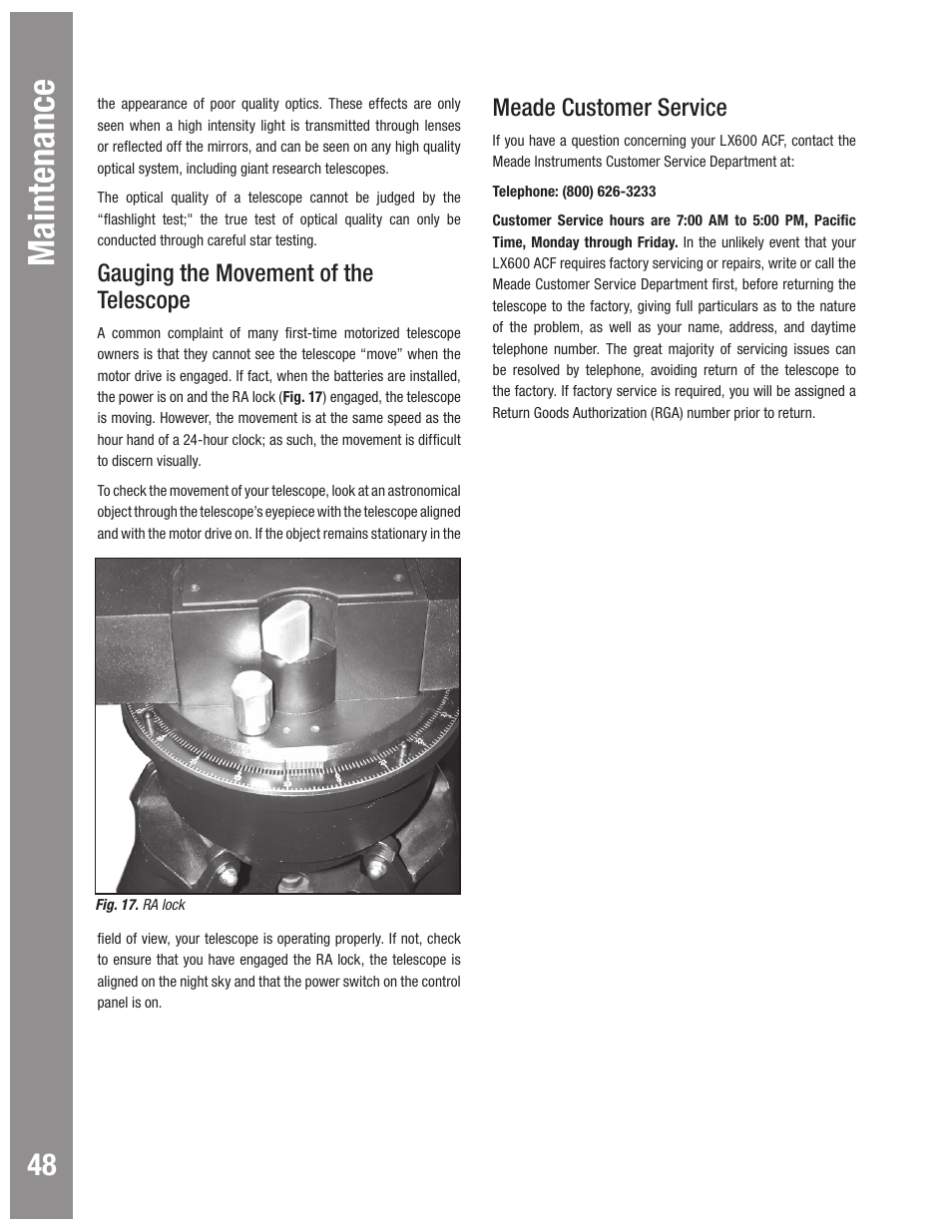 Autostar #497 handbox maintenance, Gauging the movement of the telescope, Meade customer service | Meade Instruments LX600 User Manual | Page 48 / 72