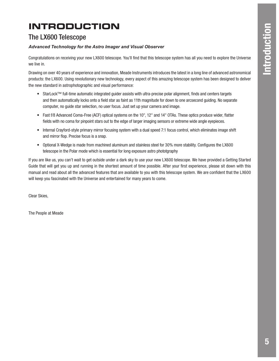 Introduction, The lx600 telescope | Meade Instruments LX600 User Manual | Page 5 / 72