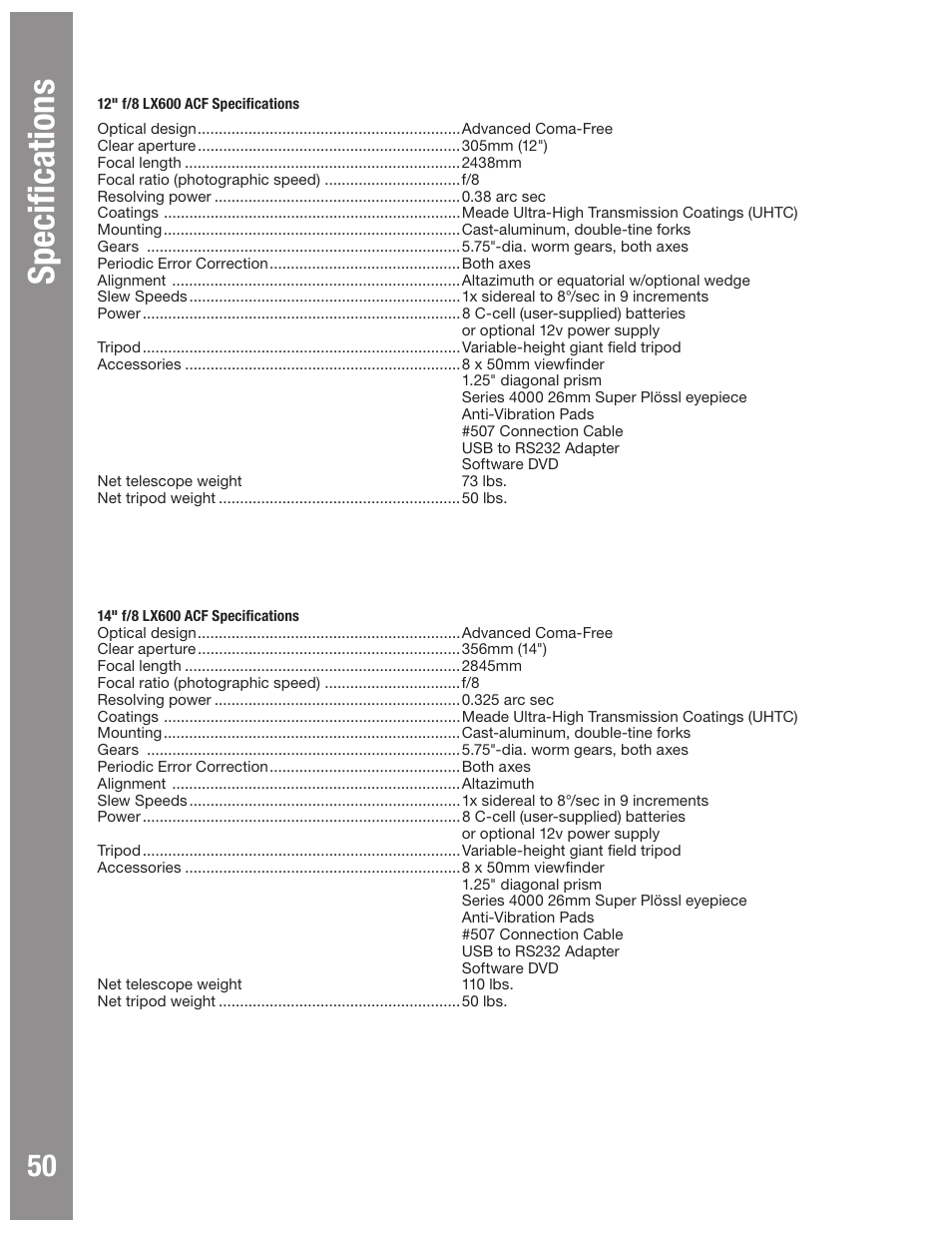 Autostar #497 handbox specifi cations | Meade Instruments LX600 User Manual | Page 50 / 72