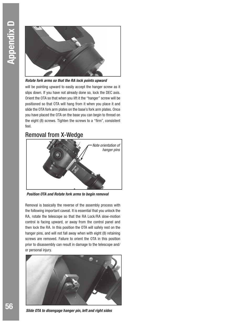 Autostar #497 handbox appendix d, Removal from x-wedge | Meade Instruments LX600 User Manual | Page 56 / 72