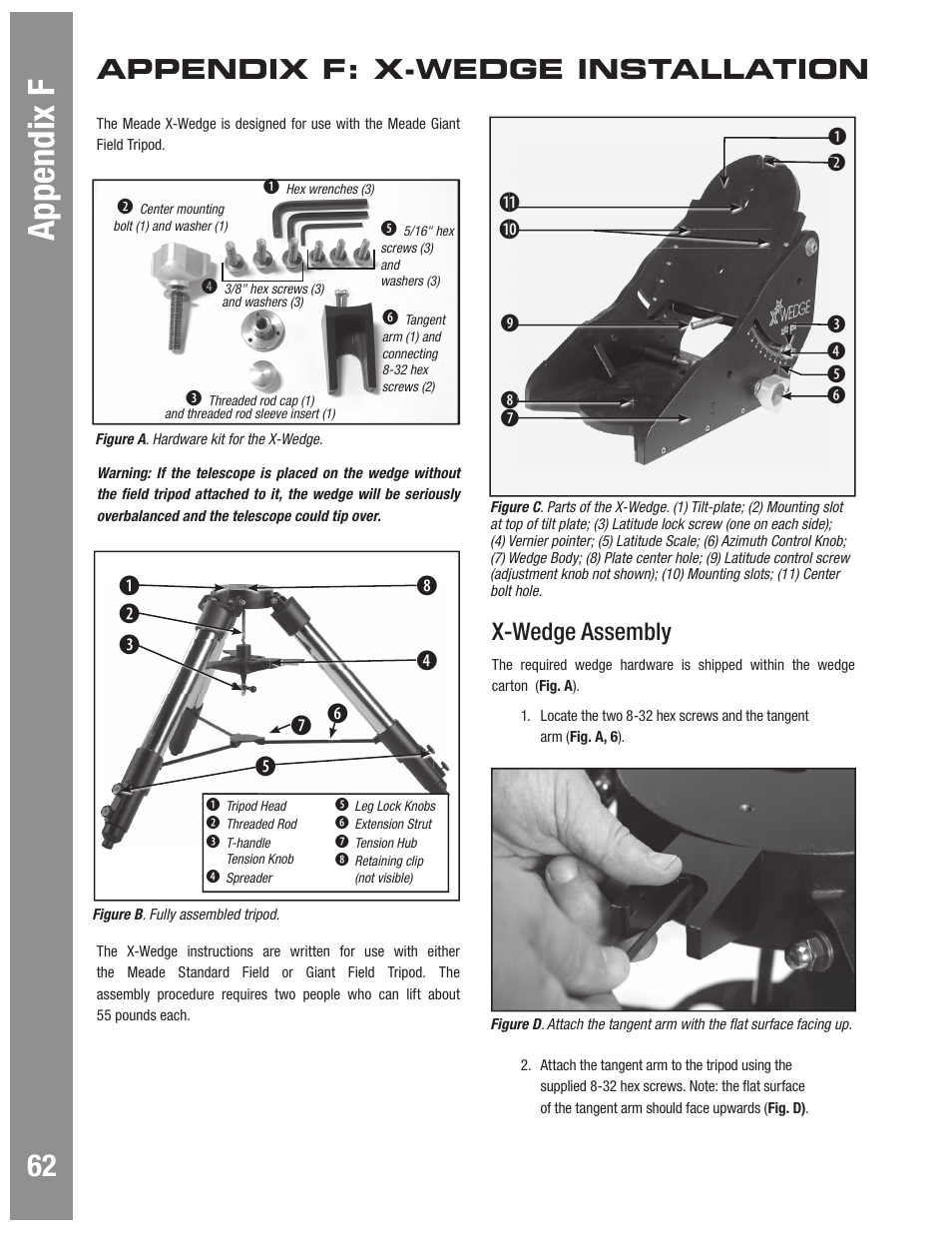 Autostar #497 handbox appendix f, Appendix f: x-wedge installation, X-wedge assembly | Meade Instruments LX600 User Manual | Page 62 / 72