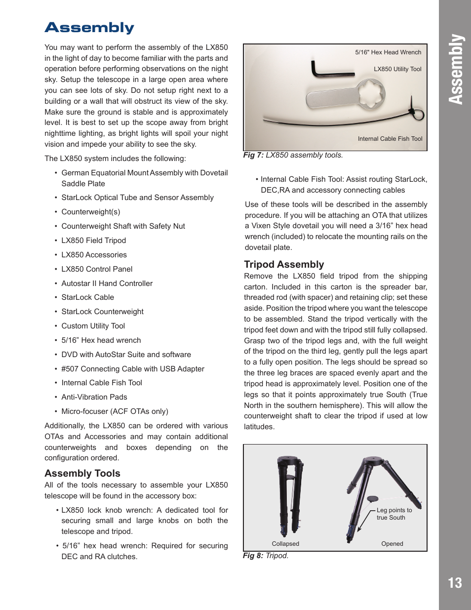 Assembly, Assembly tools, Tripod assembly | Meade Instruments LX850 User Manual | Page 13 / 60