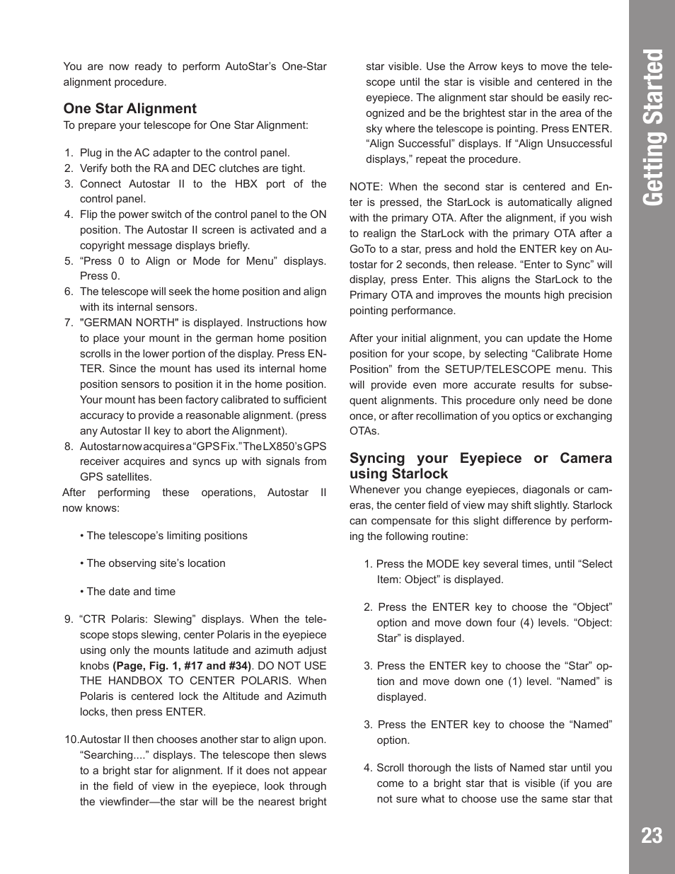 Getting started, One star alignment, Syncing your eyepiece or camera using starlock | Meade Instruments LX850 User Manual | Page 23 / 60