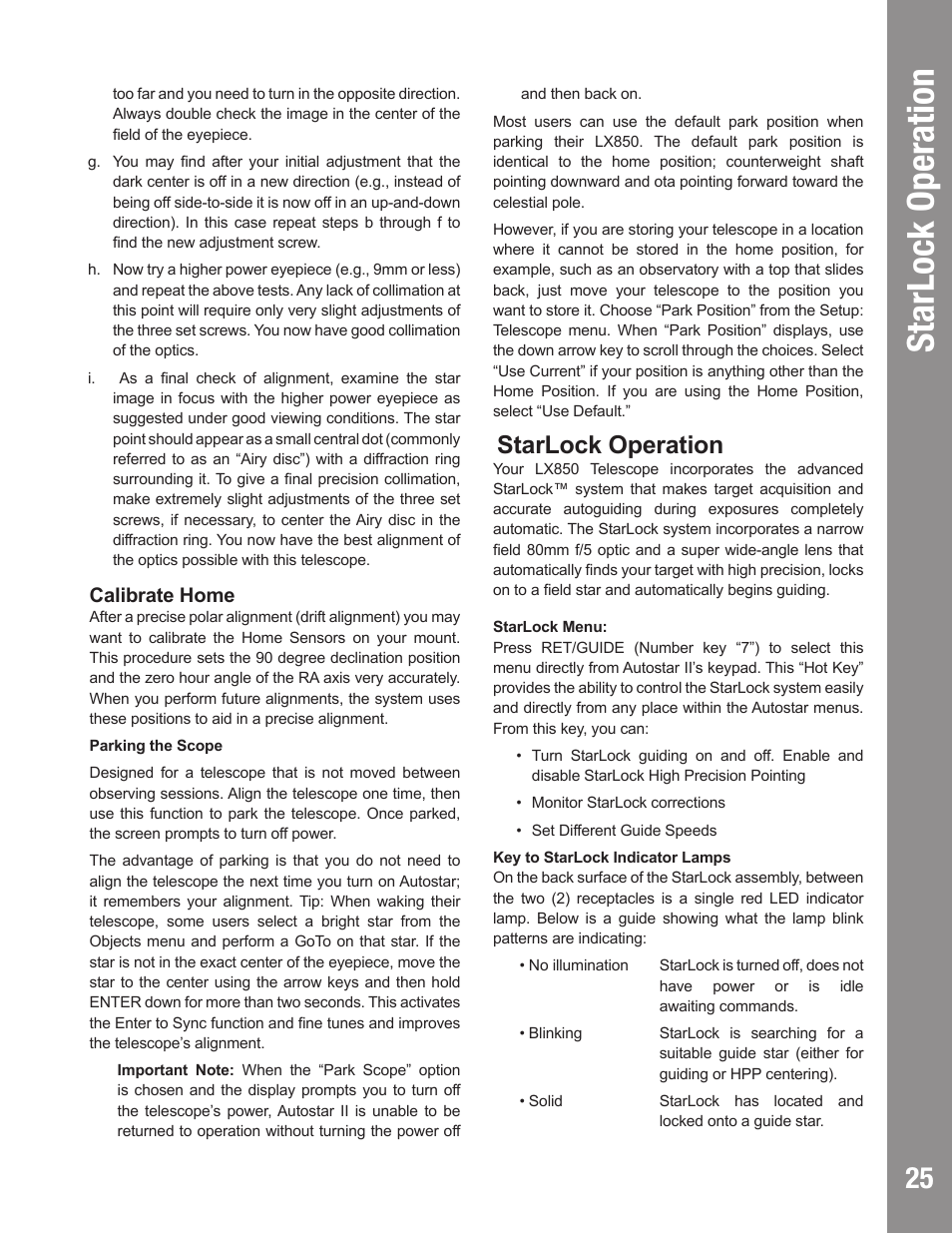 Starlock operation, Calibrate home | Meade Instruments LX850 User Manual | Page 25 / 60