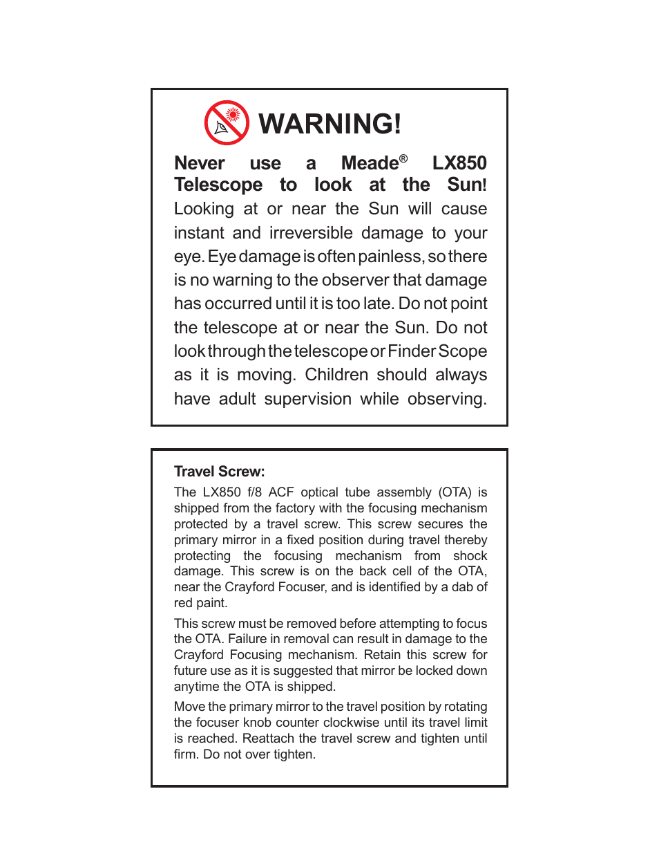 Warning, Never use a meade, Lx850 telescope to look at the sun | Meade Instruments LX850 User Manual | Page 3 / 60
