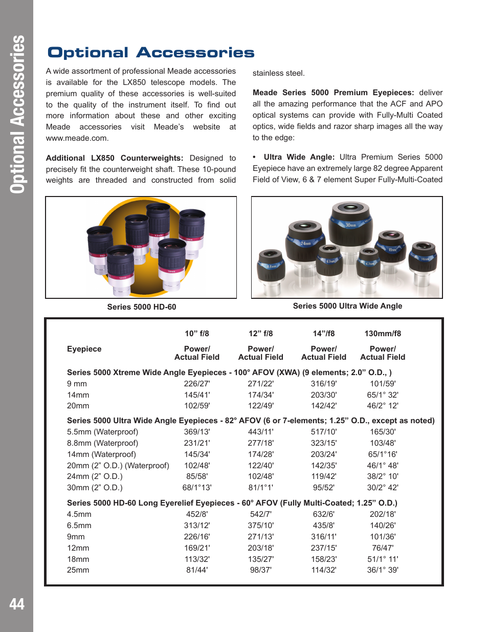 Autostar #497 handbox optional accessories, Optional accessories | Meade Instruments LX850 User Manual | Page 44 / 60