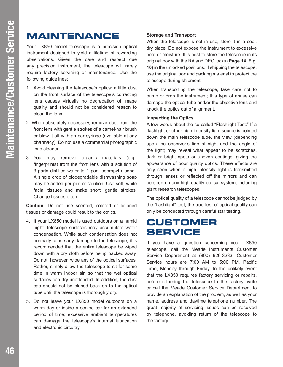 Customer service, Maintenance | Meade Instruments LX850 User Manual | Page 46 / 60