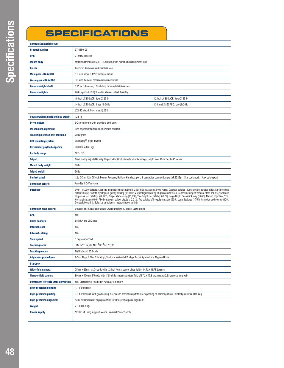 Autostar #497 handbox specifications, Specifications | Meade Instruments LX850 User Manual | Page 48 / 60