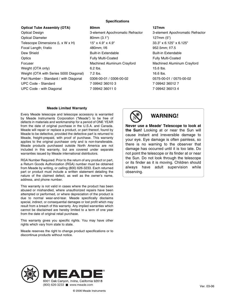 Warning | Meade Instruments 5000 ED APO Series User Manual | Page 2 / 2