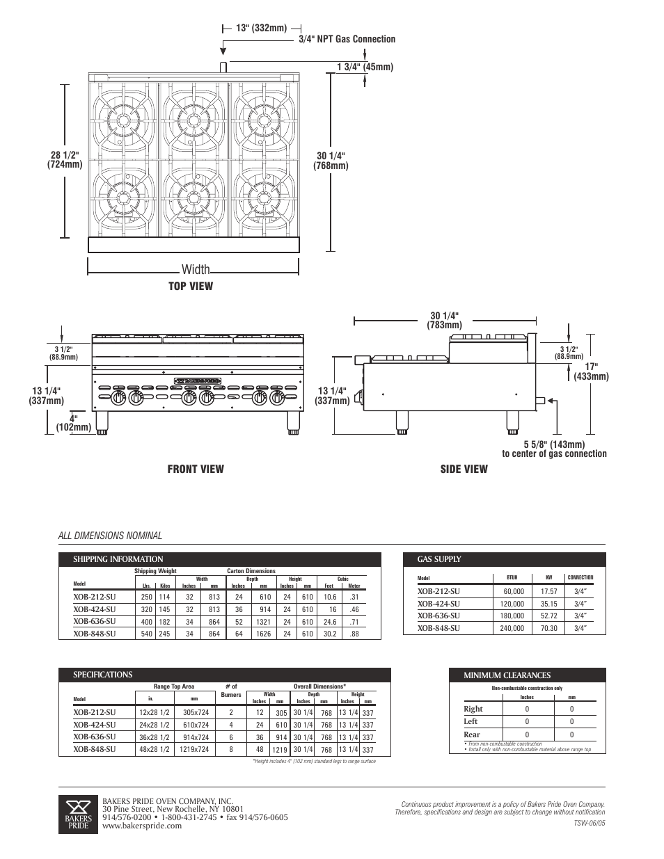 Width, Front view top view side view | Bakers Pride XOB-636-SU User Manual | Page 2 / 2