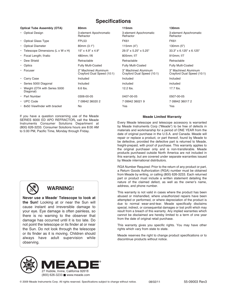 Specifications, Warning | Meade Instruments 6000 ED APO Series User Manual | Page 2 / 2