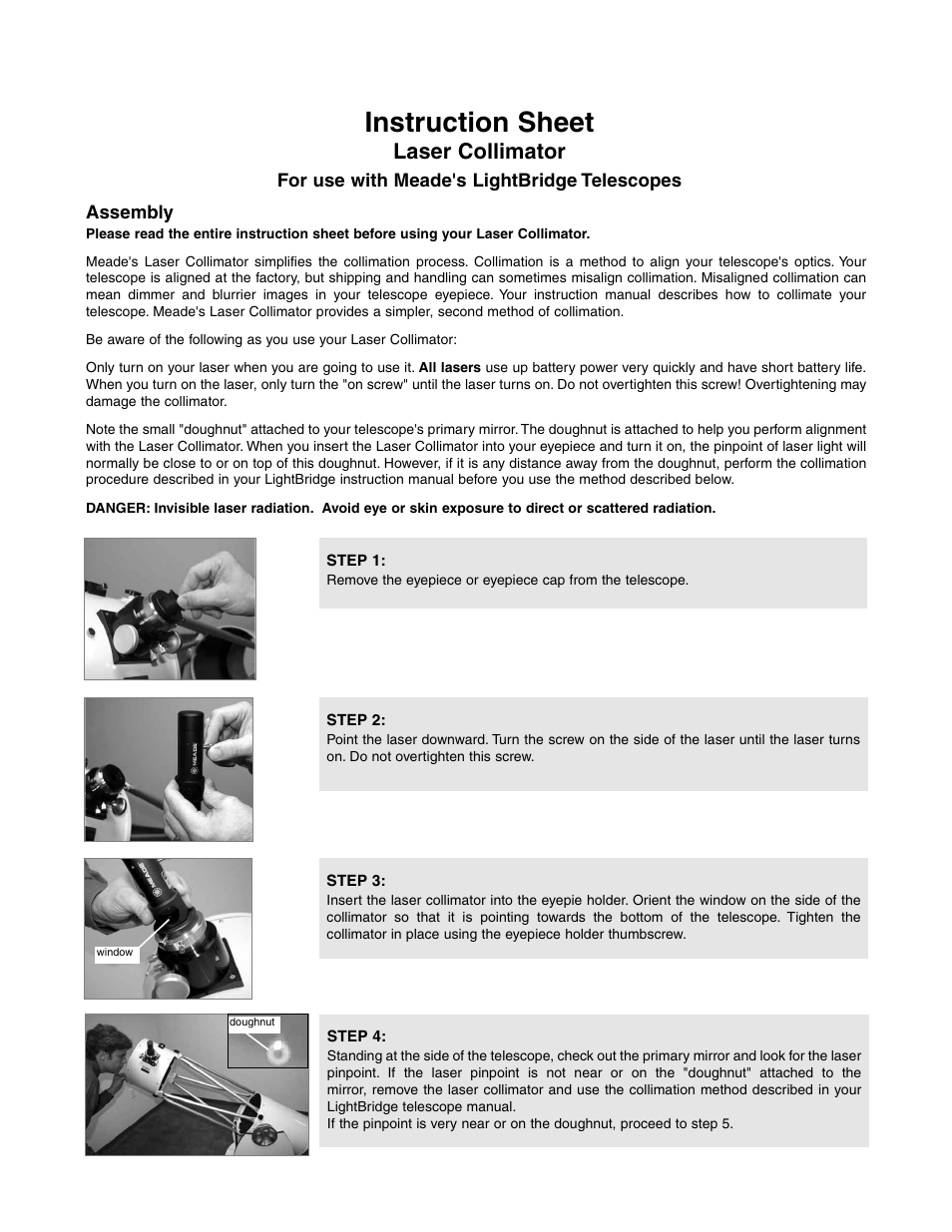 Meade Instruments LightBridge Laser Collimator Instructions User Manual | 2 pages