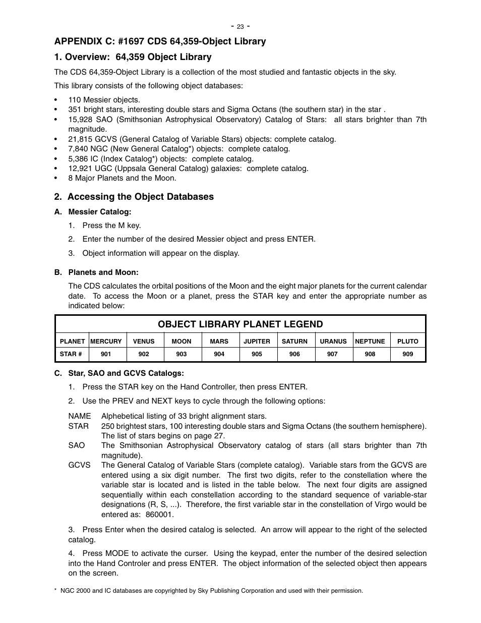 Accessing the object databases, Object library planet legend | Meade Instruments 1697 Computer Drive System For LXD 650 and LXD 750 Mounts - Part 2 User Manual | Page 4 / 33