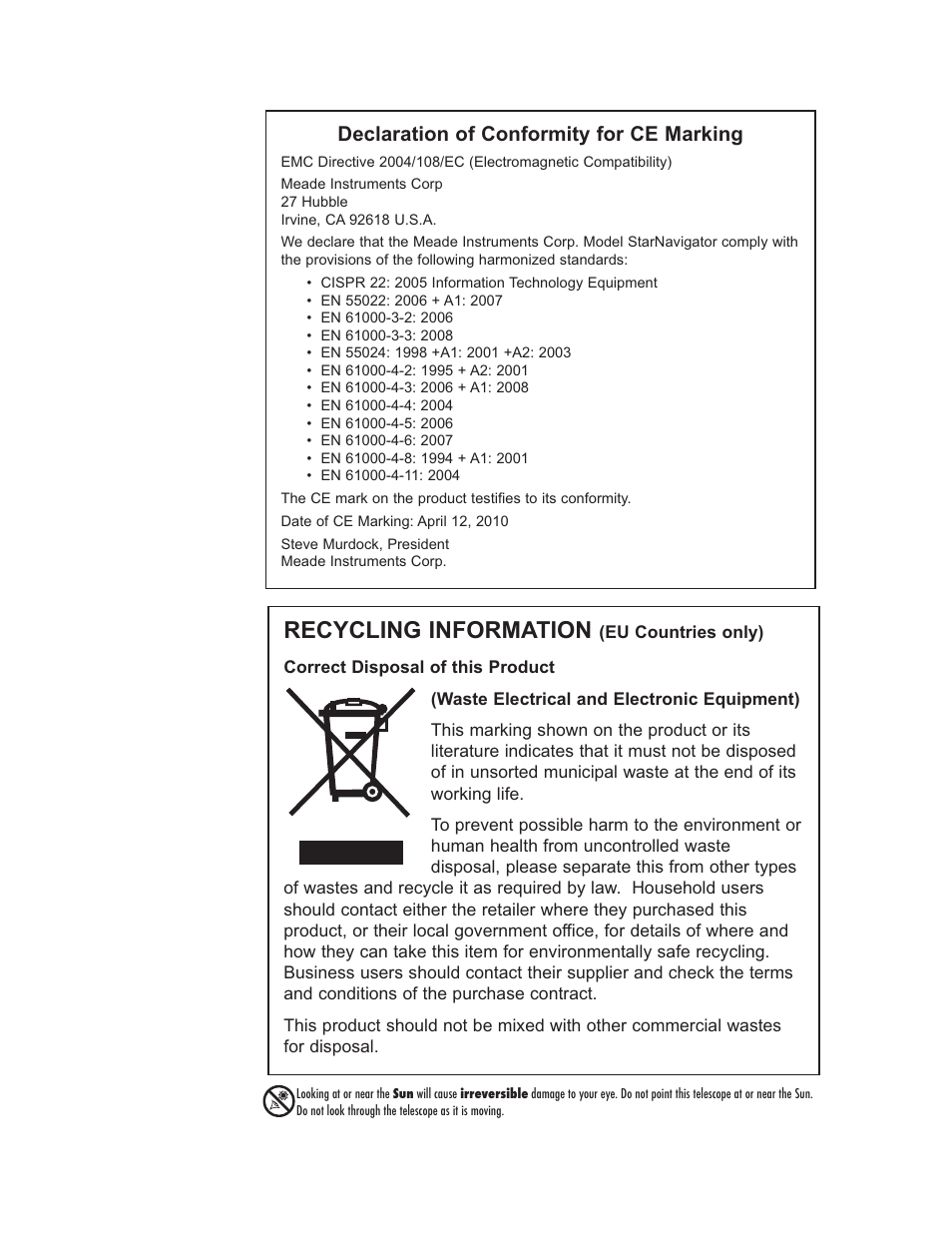 Recycling information, Declaration of conformity for ce marking | Meade Instruments StarNavigator Series User Manual | Page 47 / 48