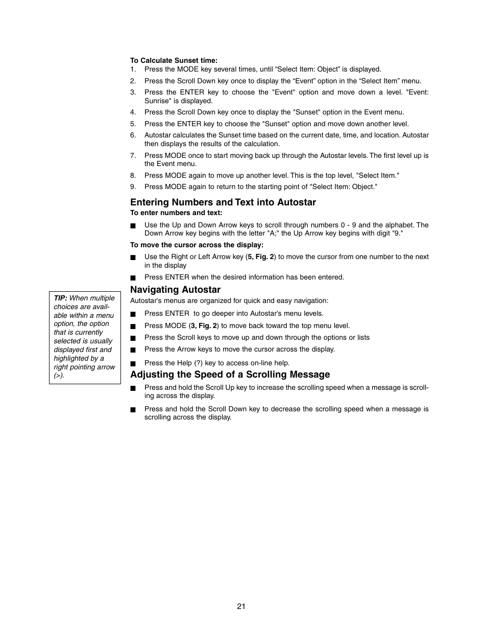 Entering numbers and text into autostar, Navigating autostar, Adjusting the speed of a scrolling message | Meade Instruments DS-2090AT-TC User Manual | Page 21 / 44