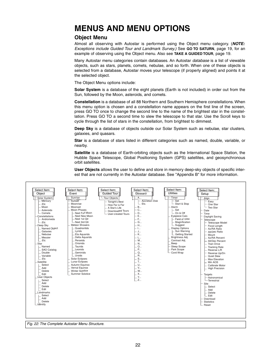 Menus and menu options, Object menu | Meade Instruments DS-2090AT-TC User Manual | Page 22 / 44