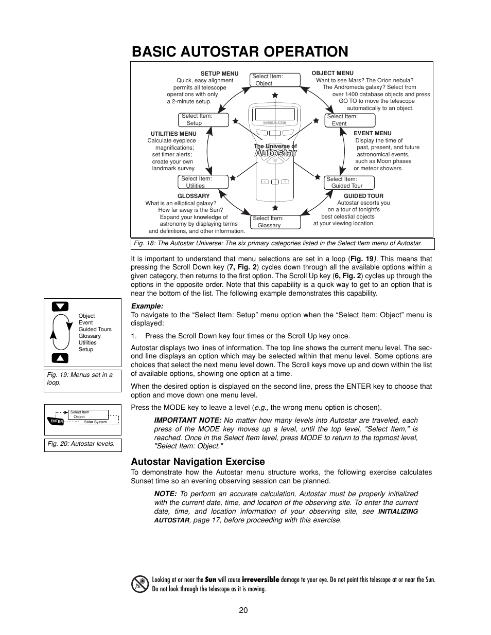 Basic autostar operation, Autostar, Autostar navigation exercise | Meade Instruments DS-2000 Generation II Telescopes with LNT module User Manual | Page 20 / 48