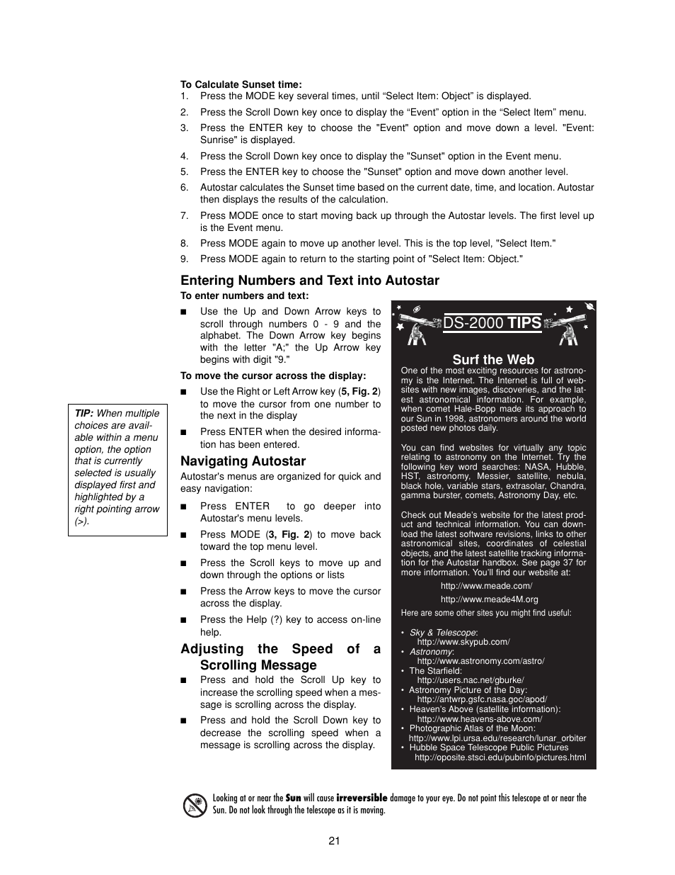 Ds-2000, Tips, Entering numbers and text into autostar | Navigating autostar, Adjusting the speed of a scrolling message, Surf the web | Meade Instruments DS-2000 Generation II Telescopes with LNT module User Manual | Page 21 / 48