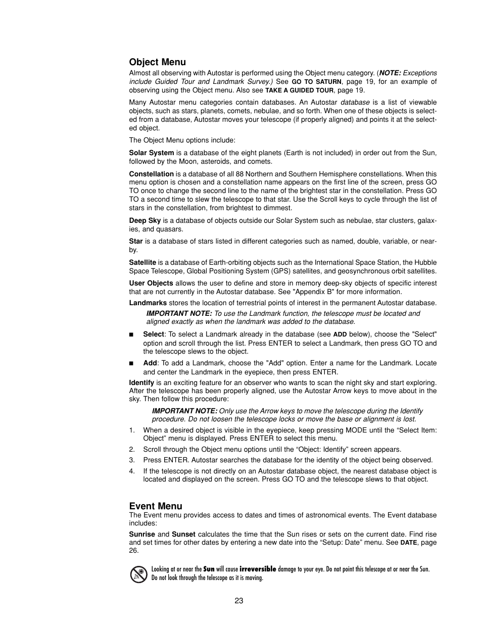 Object menu, Event menu | Meade Instruments DS-2000 Generation II Telescopes with LNT module User Manual | Page 23 / 48