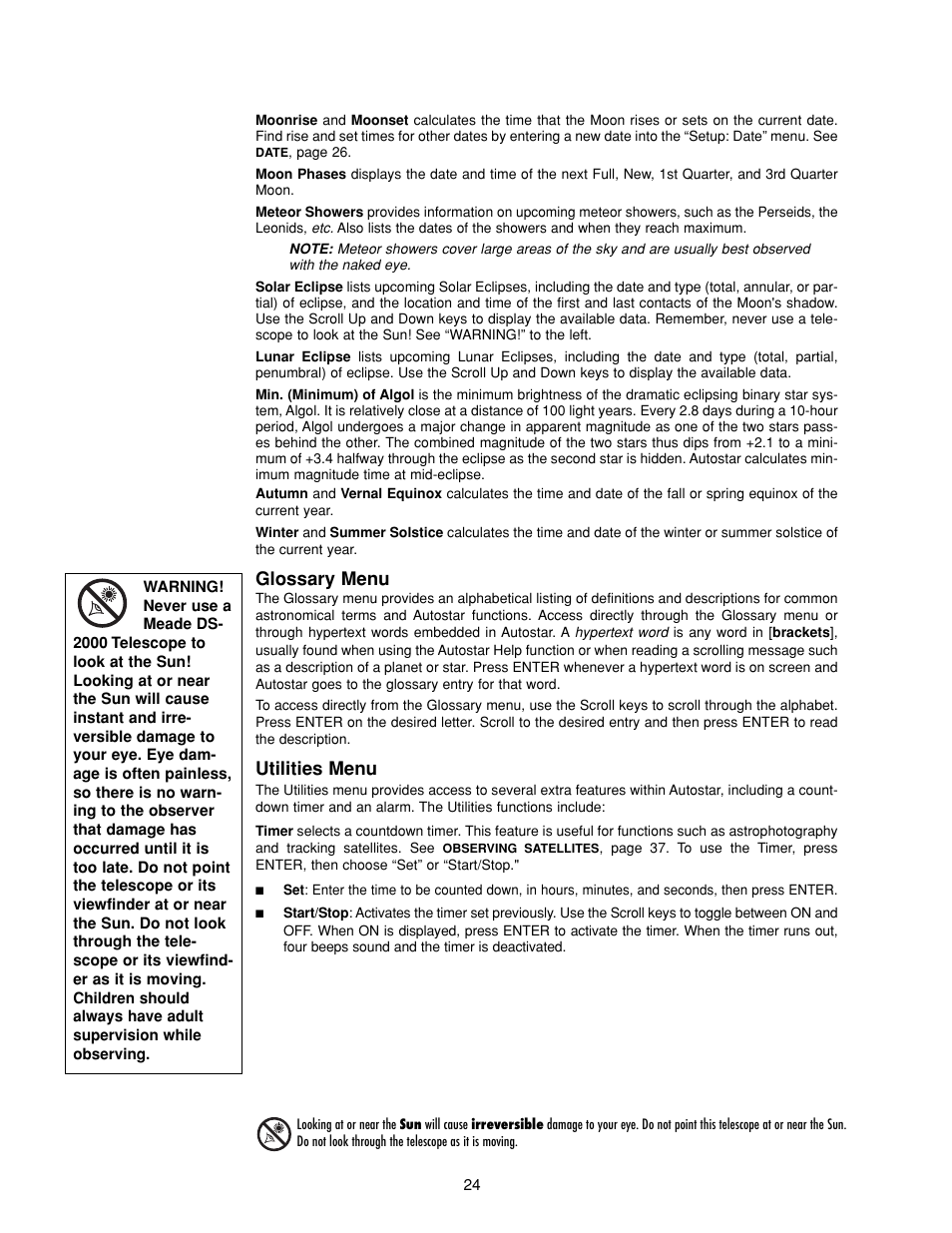 Glossary menu, Utilities menu | Meade Instruments DS-2000 Generation II Telescopes with LNT module User Manual | Page 24 / 48