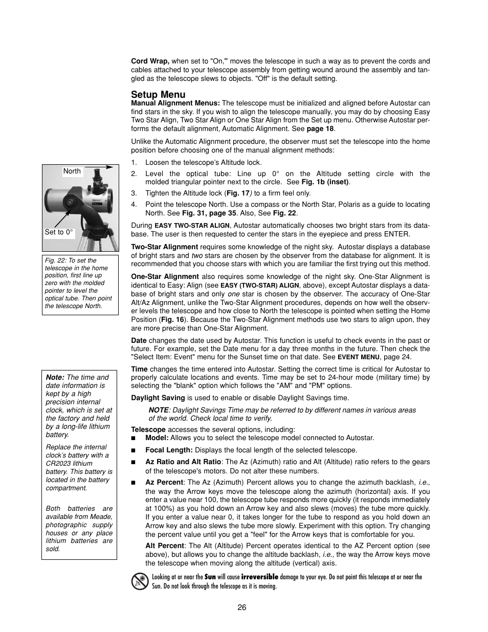 Setup menu | Meade Instruments DS-2000 Generation II Telescopes with LNT module User Manual | Page 26 / 48