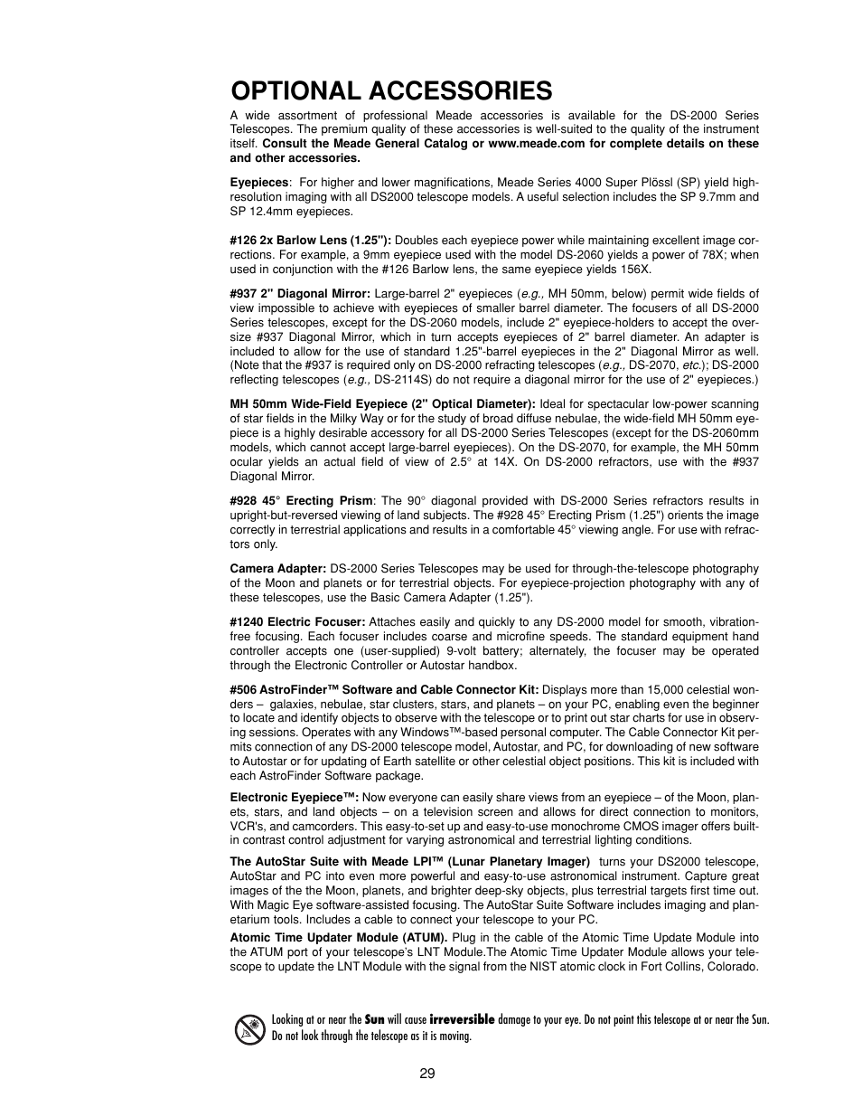 Optional accessories | Meade Instruments DS-2000 Generation II Telescopes with LNT module User Manual | Page 29 / 48