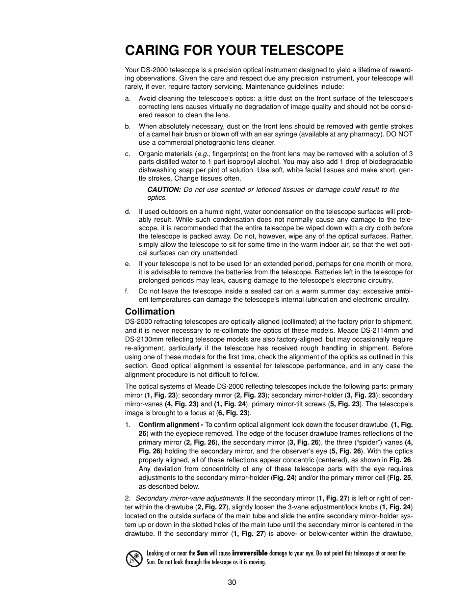 Caring for your telescope | Meade Instruments DS-2000 Generation II Telescopes with LNT module User Manual | Page 30 / 48