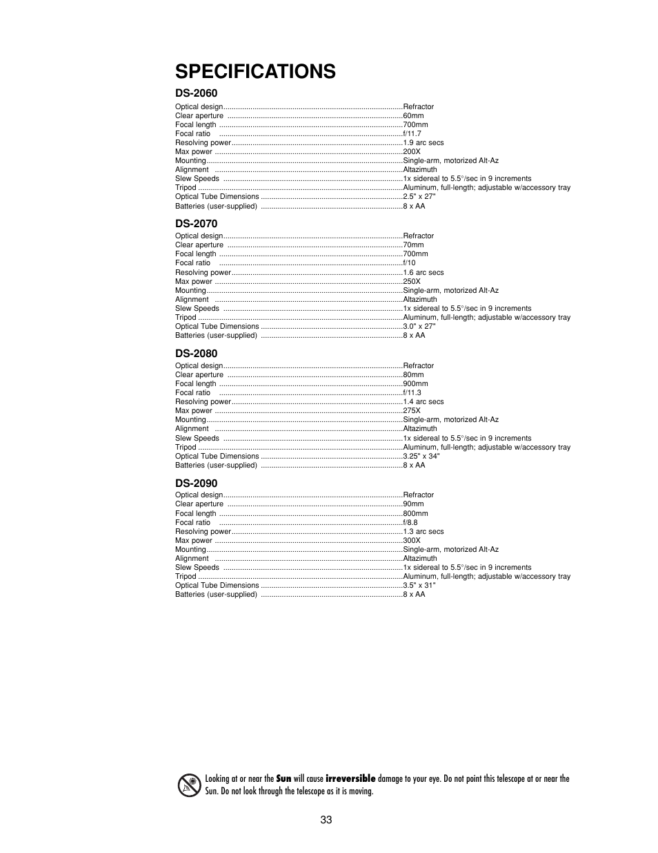 Specifications | Meade Instruments DS-2000 Generation II Telescopes with LNT module User Manual | Page 33 / 48