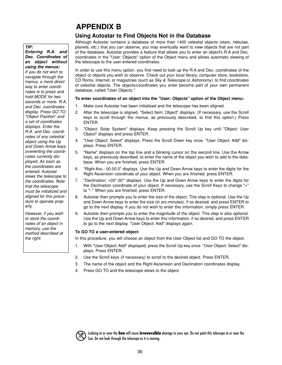 Appendix b, Using autostar to find objects not in the database | Meade Instruments DS-2000 Generation II Telescopes with LNT module User Manual | Page 36 / 48