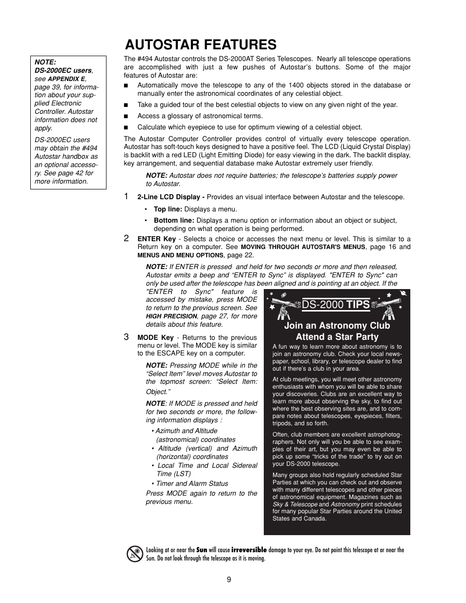 Autostar features, Ds-2000, Tips | Join an astronomy club attend a star party | Meade Instruments DS-2000 Generation II Telescopes with LNT module User Manual | Page 9 / 48