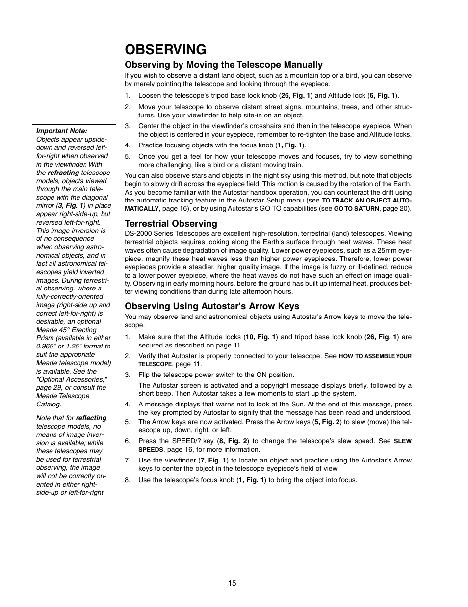 Observing, Observing by moving the telescope manually, Terrestrial observing | Observing using autostar's arrow keys | Meade Instruments DS-2000 (2060,2070,2076,2114,2130) User Manual | Page 15 / 44