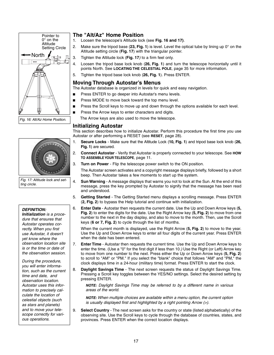 The "alt/az" home position, Moving through autostar’s menus, Initializing autostar | North | Meade Instruments DS-2000 (2060,2070,2076,2114,2130) User Manual | Page 17 / 44
