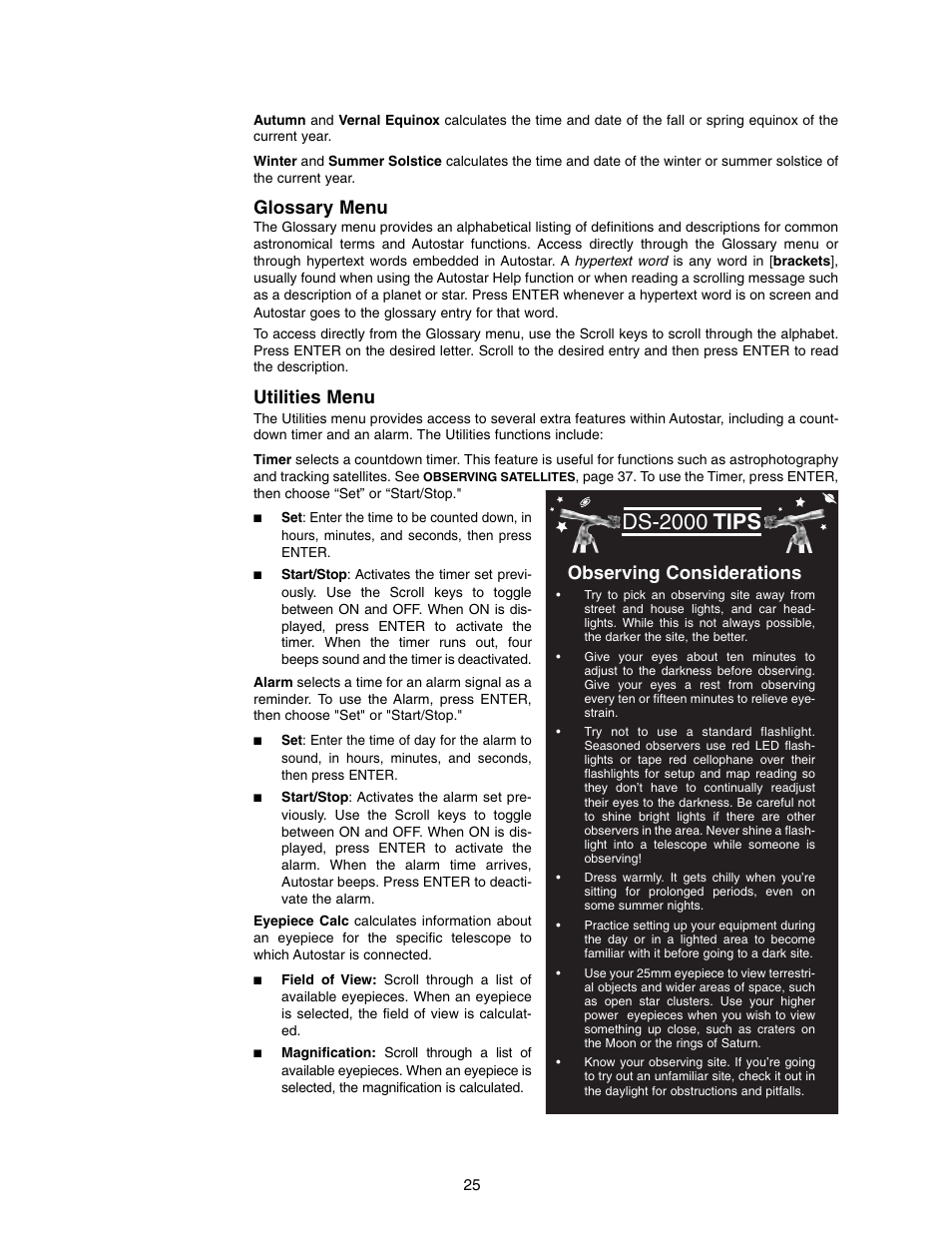 Ds-2000 tips, Glossary menu, Utilities menu | Observing considerations | Meade Instruments DS-2000 (2060,2070,2076,2114,2130) User Manual | Page 25 / 44