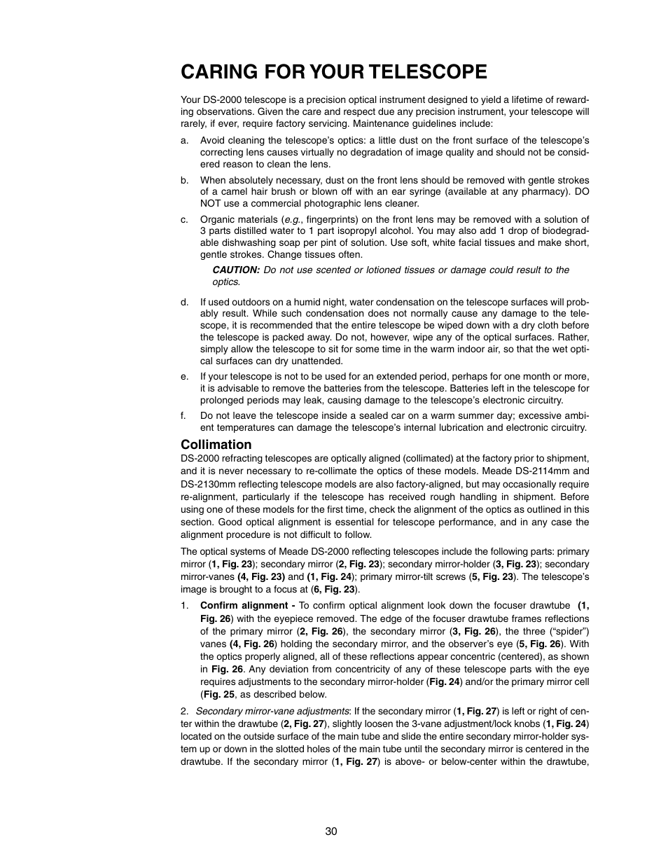 Caring for your telescope, Collimation | Meade Instruments DS-2000 (2060,2070,2076,2114,2130) User Manual | Page 30 / 44