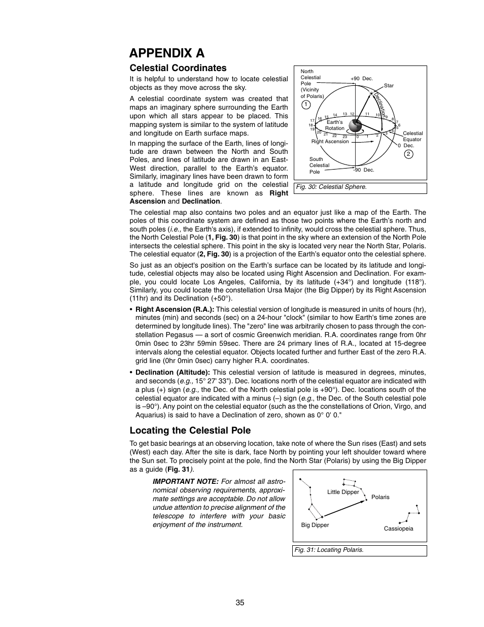 Appendix a, Celestial coordinates, Locating the celestial pole | Meade Instruments DS-2000 (2060,2070,2076,2114,2130) User Manual | Page 35 / 44