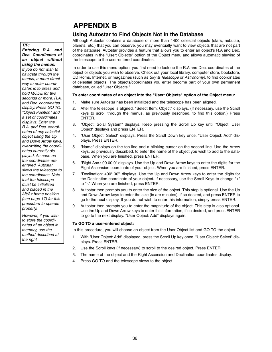 Appendix b, Using autostar to find objects not in the database | Meade Instruments DS-2000 (2060,2070,2076,2114,2130) User Manual | Page 36 / 44