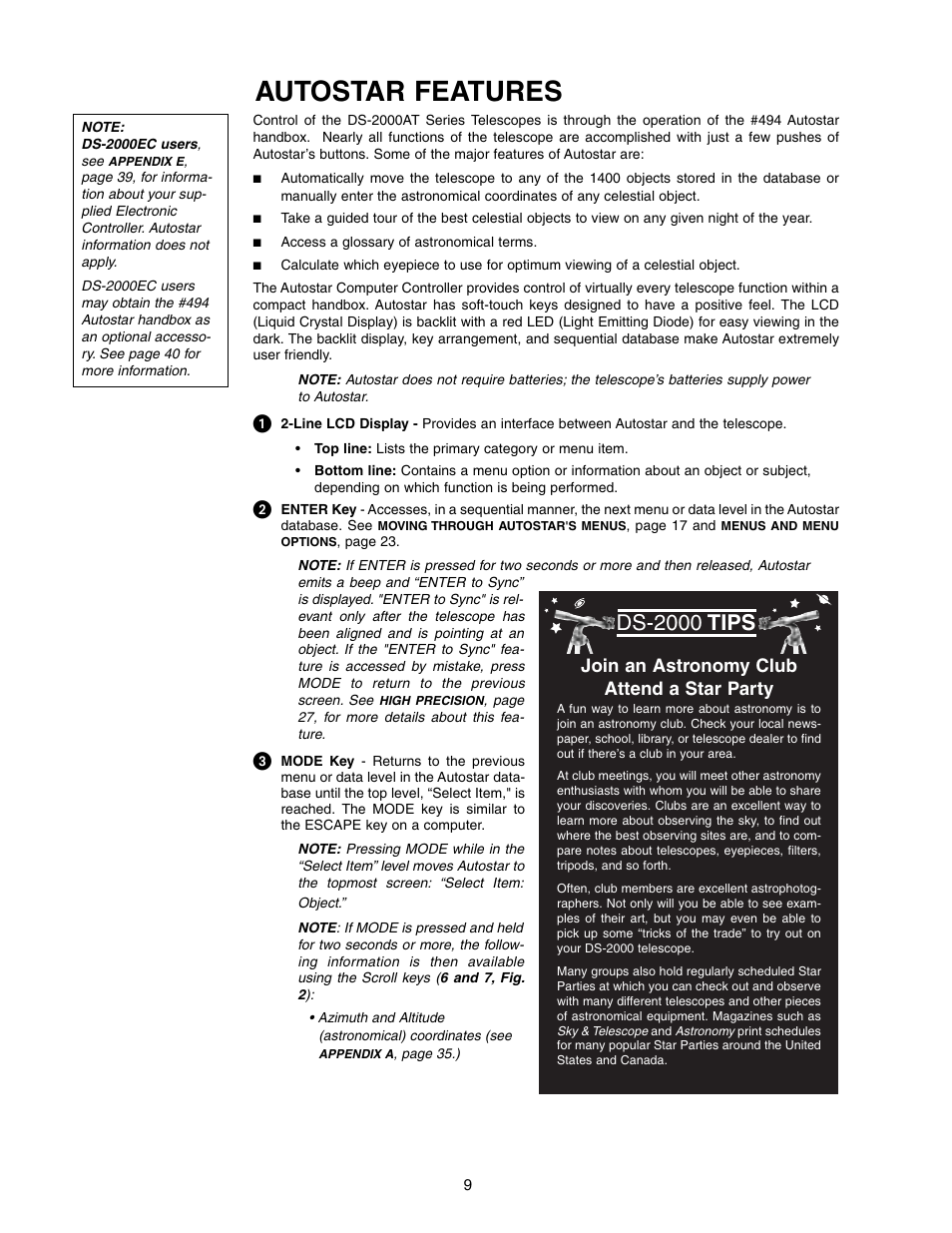 Autostar features, Ds-2000 tips, Join an astronomy club attend a star party | Meade Instruments DS-2000 (2060,2070,2076,2114,2130) User Manual | Page 9 / 44