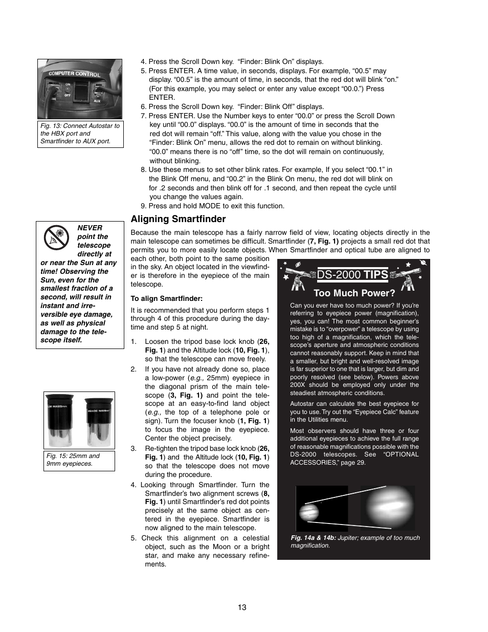 Ds-2000 tips, Aligning smartfinder, Too much power | Meade Instruments DS-2000 LNT User Manual | Page 13 / 48