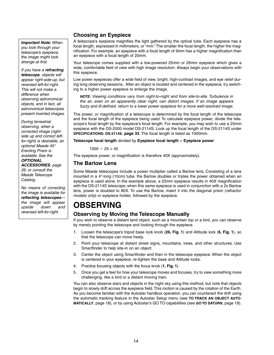 Observing, Choosing an eyepiece, The barlow lens | Observing by moving the telescope manually | Meade Instruments DS-2000 LNT User Manual | Page 14 / 48