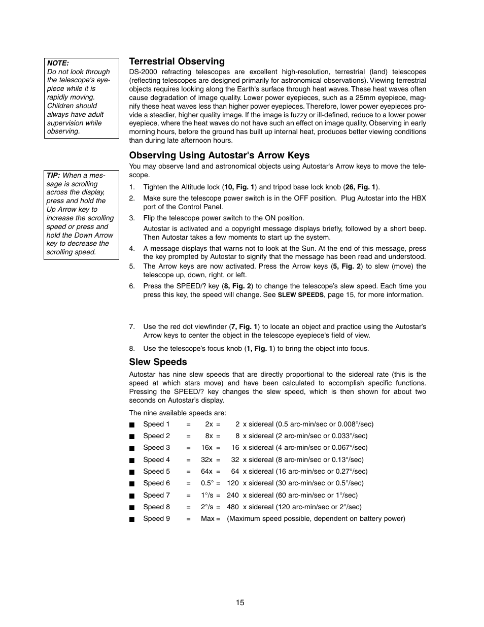 Terrestrial observing, Observing using autostar's arrow keys, Slew speeds | Meade Instruments DS-2000 LNT User Manual | Page 15 / 48