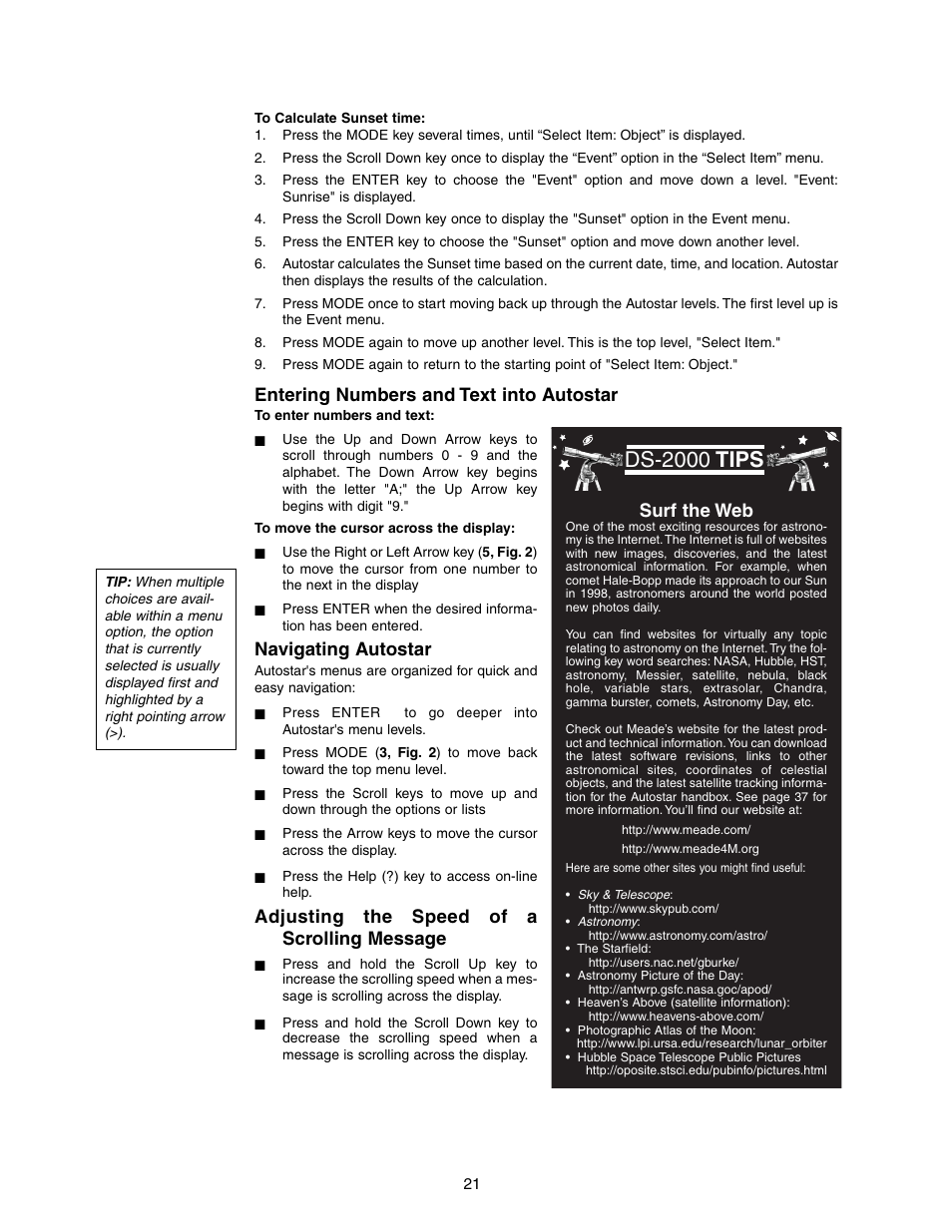 Ds-2000 tips, Entering numbers and text into autostar, Navigating autostar | Adjusting the speed of a scrolling message, Surf the web | Meade Instruments DS-2000 LNT User Manual | Page 21 / 48