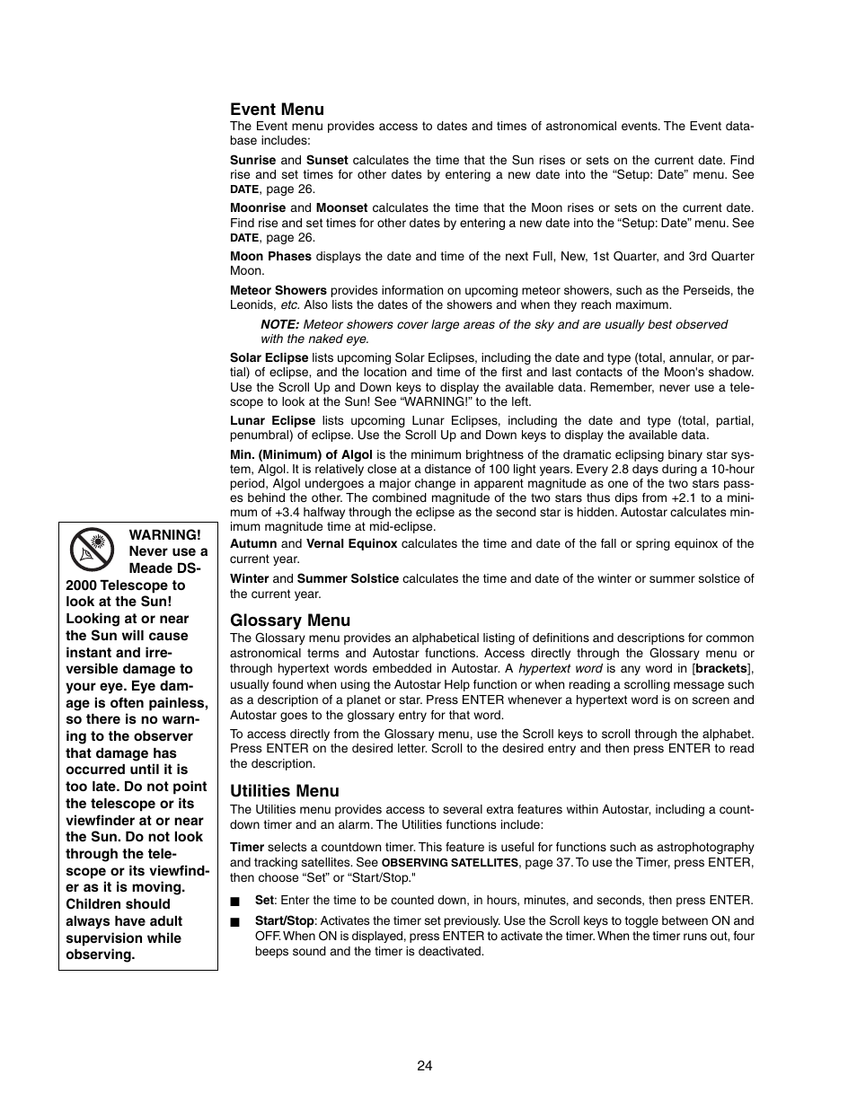 Event menu, Glossary menu, Utilities menu | Meade Instruments DS-2000 LNT User Manual | Page 24 / 48