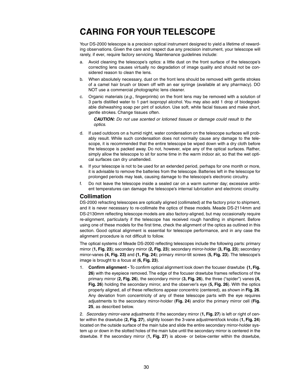 Caring for your telescope, Collimation | Meade Instruments DS-2000 LNT User Manual | Page 30 / 48