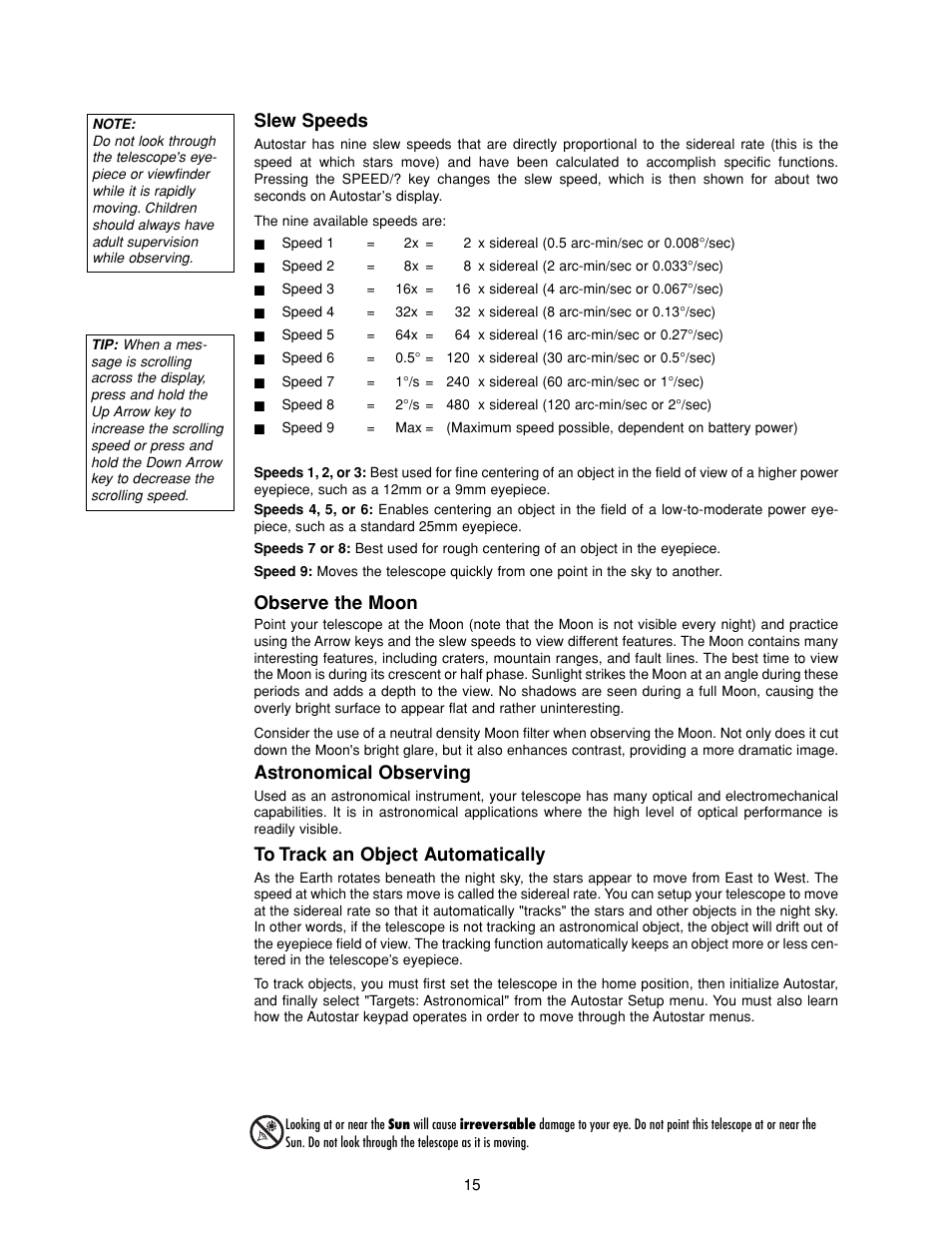 Slew speeds, Observe the moon, Astronomical observing | Meade Instruments DS-2000 MAK Generation II Maksutov-Cassegrain Telesopes User Manual | Page 15 / 44