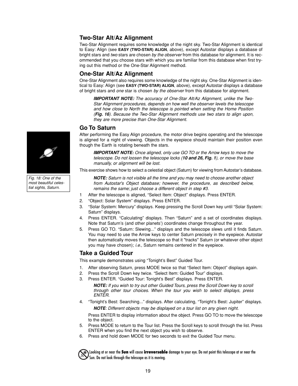 Two-star alt/az alignment, One-star alt/az alignment, Go to saturn | Take a guided tour | Meade Instruments DS-2000 MAK Generation II Maksutov-Cassegrain Telesopes User Manual | Page 19 / 44