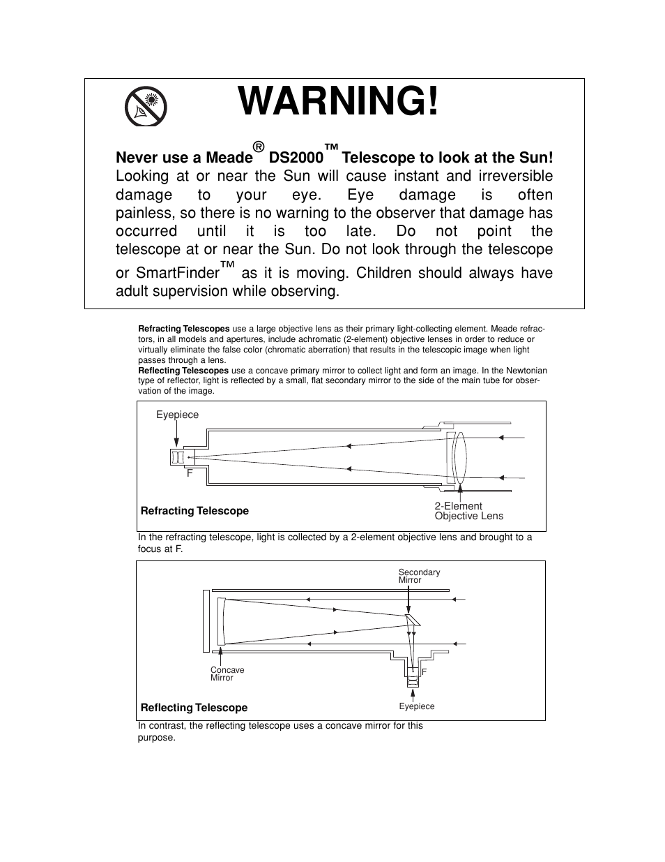 Warning | Meade Instruments DS-2000 MAK Generation II Maksutov-Cassegrain Telesopes User Manual | Page 2 / 44