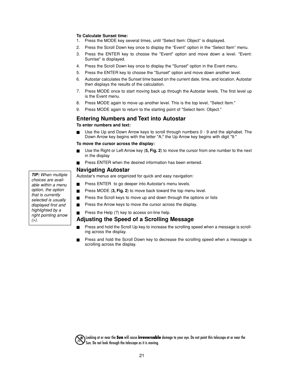 Entering numbers and text into autostar, Navigating autostar, Adjusting the speed of a scrolling message | Meade Instruments DS-2000 MAK Generation II Maksutov-Cassegrain Telesopes User Manual | Page 21 / 44